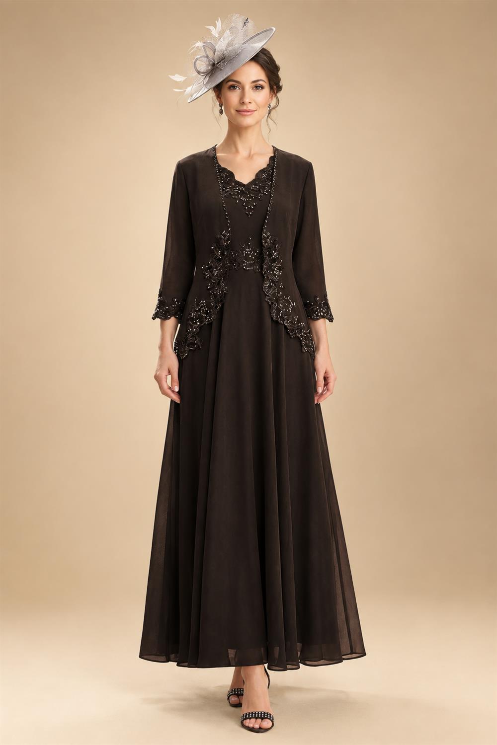 2-Piece A-Line Chiffon 3/4 Sleeves Mother of the Bride & Groom Dresses with Scalloped V-Neck Lace Bodice (SHI22500637)
