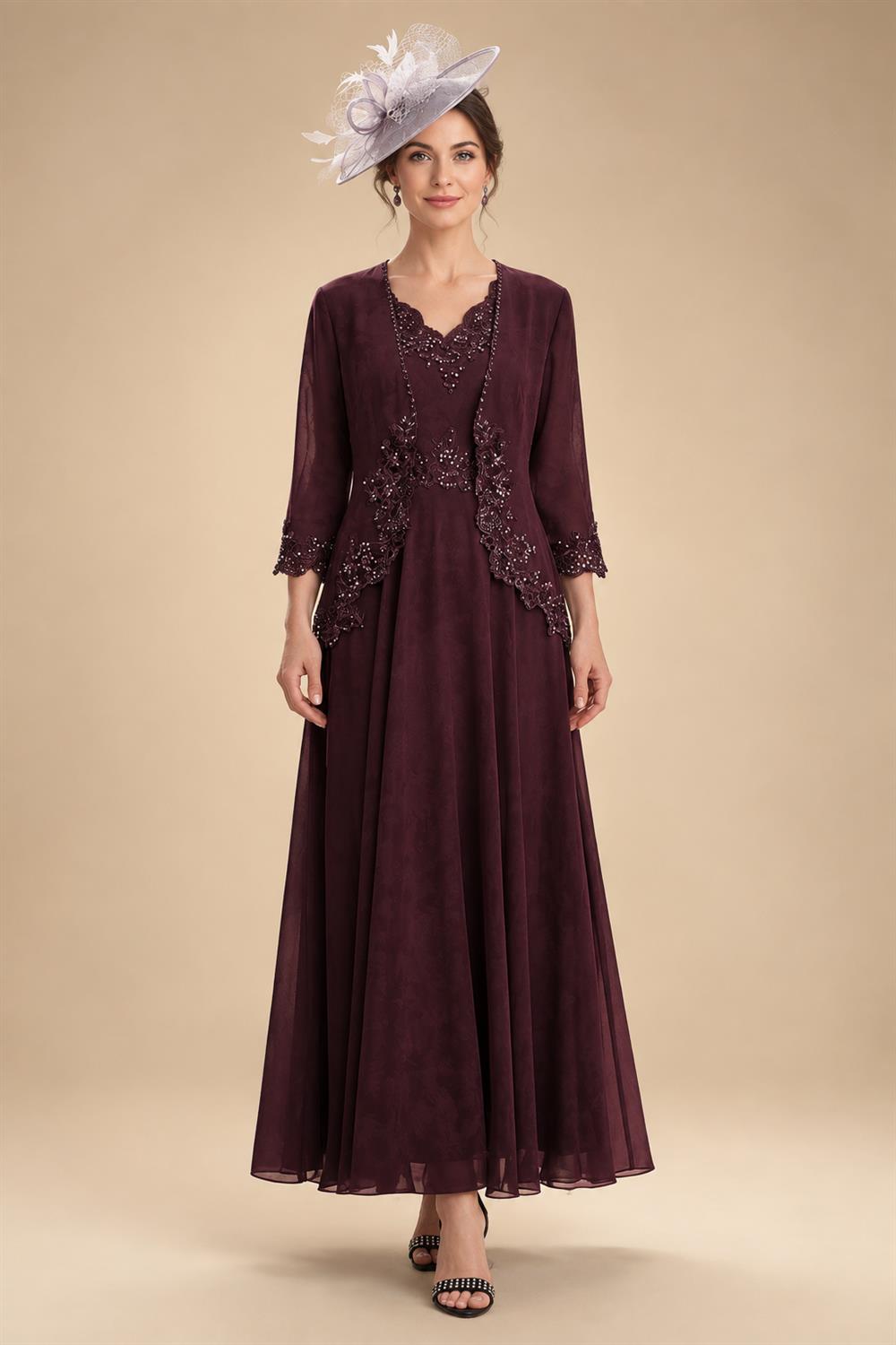 2-Piece A-Line Chiffon 3/4 Sleeves Mother of the Bride & Groom Dresses with Scalloped V-Neck Lace Bodice (SHI22500637)