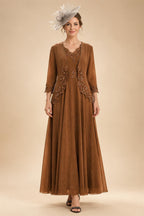 2-Piece A-Line Chiffon 3/4 Sleeves Mother of the Bride & Groom Dresses with Scalloped V-Neck Lace Bodice (SHI22500637)