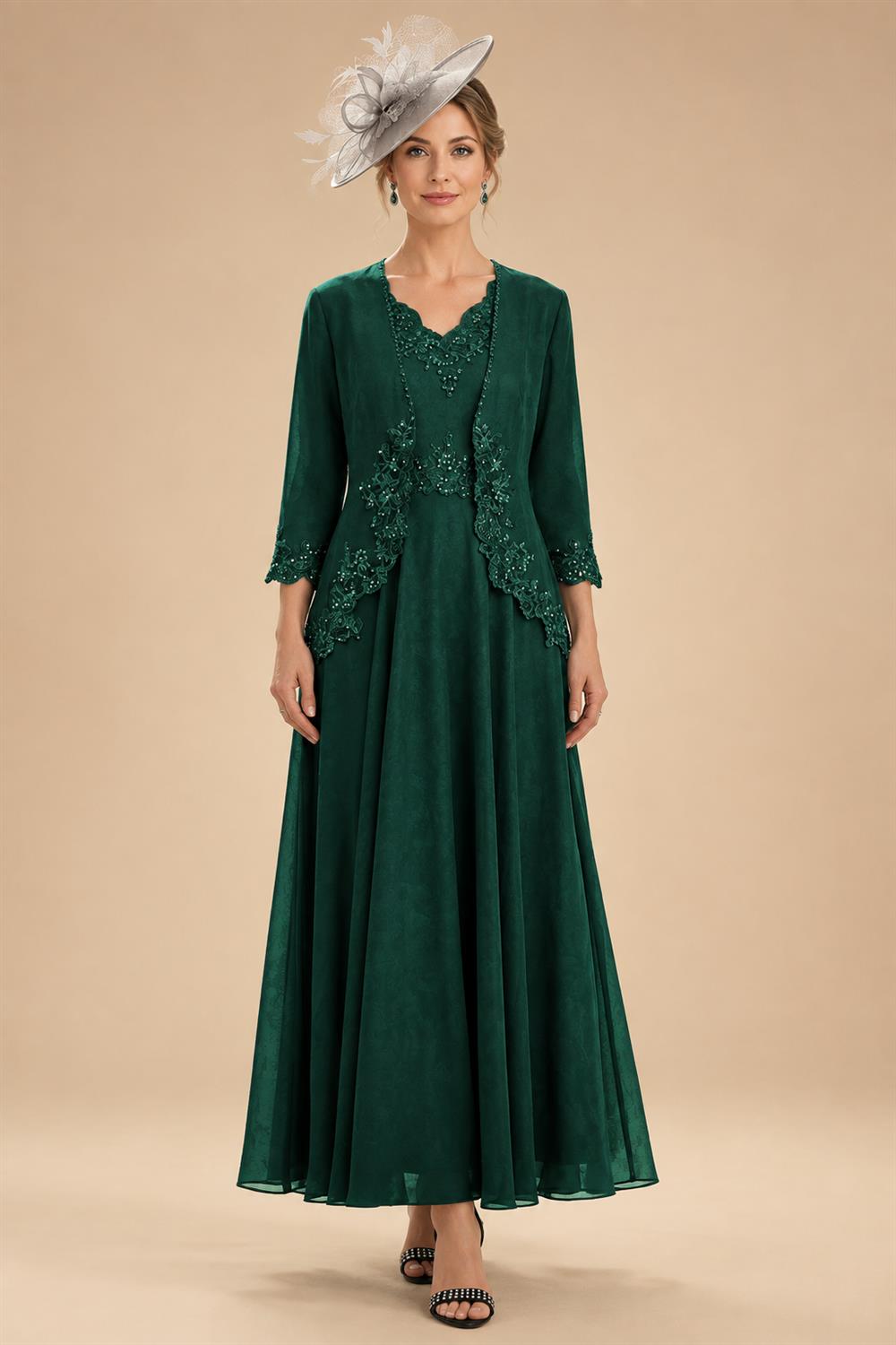 2-Piece A-Line Chiffon 3/4 Sleeves Mother of the Bride & Groom Dresses with Scalloped V-Neck Lace Bodice (SHI22500637)