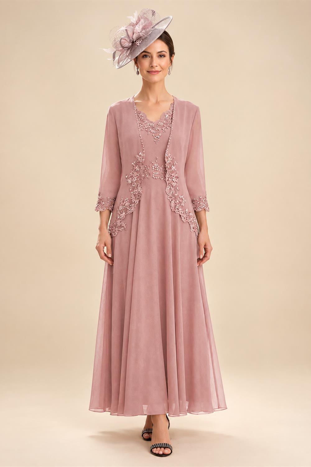2-Piece A-Line Chiffon 3/4 Sleeves Mother of the Bride & Groom Dresses with Scalloped V-Neck Lace Bodice (SHI22500637)