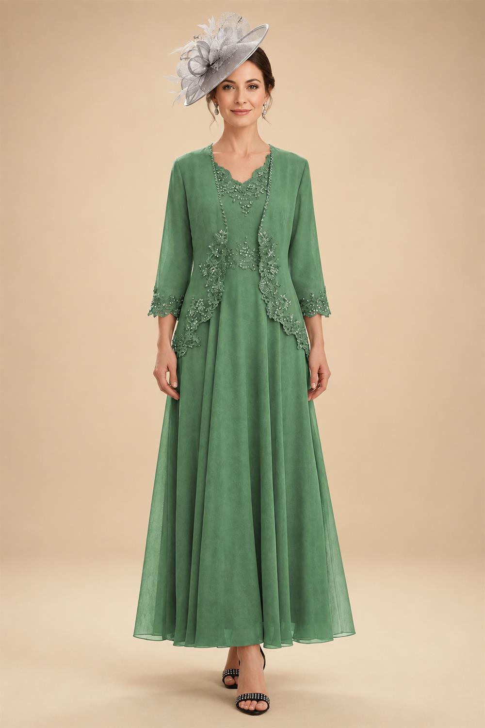 2-Piece A-Line Chiffon 3/4 Sleeves Mother of the Bride & Groom Dresses with Scalloped V-Neck Lace Bodice (SHI22500637)