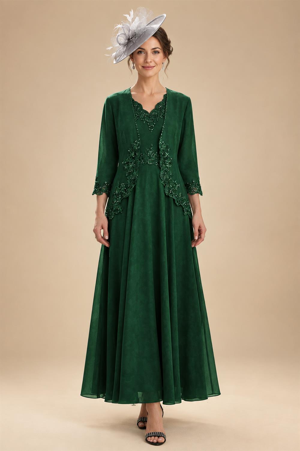 2-Piece A-Line Chiffon 3/4 Sleeves Mother of the Bride & Groom Dresses with Scalloped V-Neck Lace Bodice (SHI22500637)