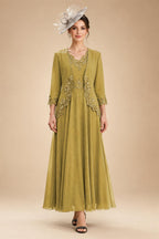 2-Piece A-Line Chiffon 3/4 Sleeves Mother of the Bride & Groom Dresses with Scalloped V-Neck Lace Bodice (SHI22500637)
