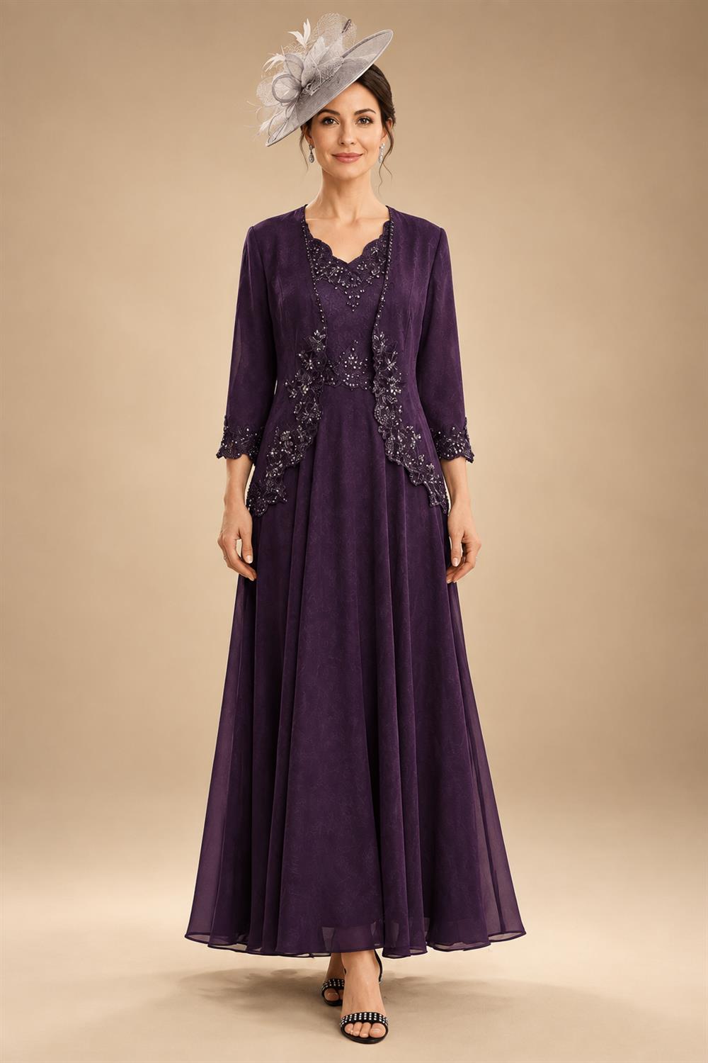 2-Piece A-Line Chiffon 3/4 Sleeves Mother of the Bride & Groom Dresses with Scalloped V-Neck Lace Bodice (SHI22500637)