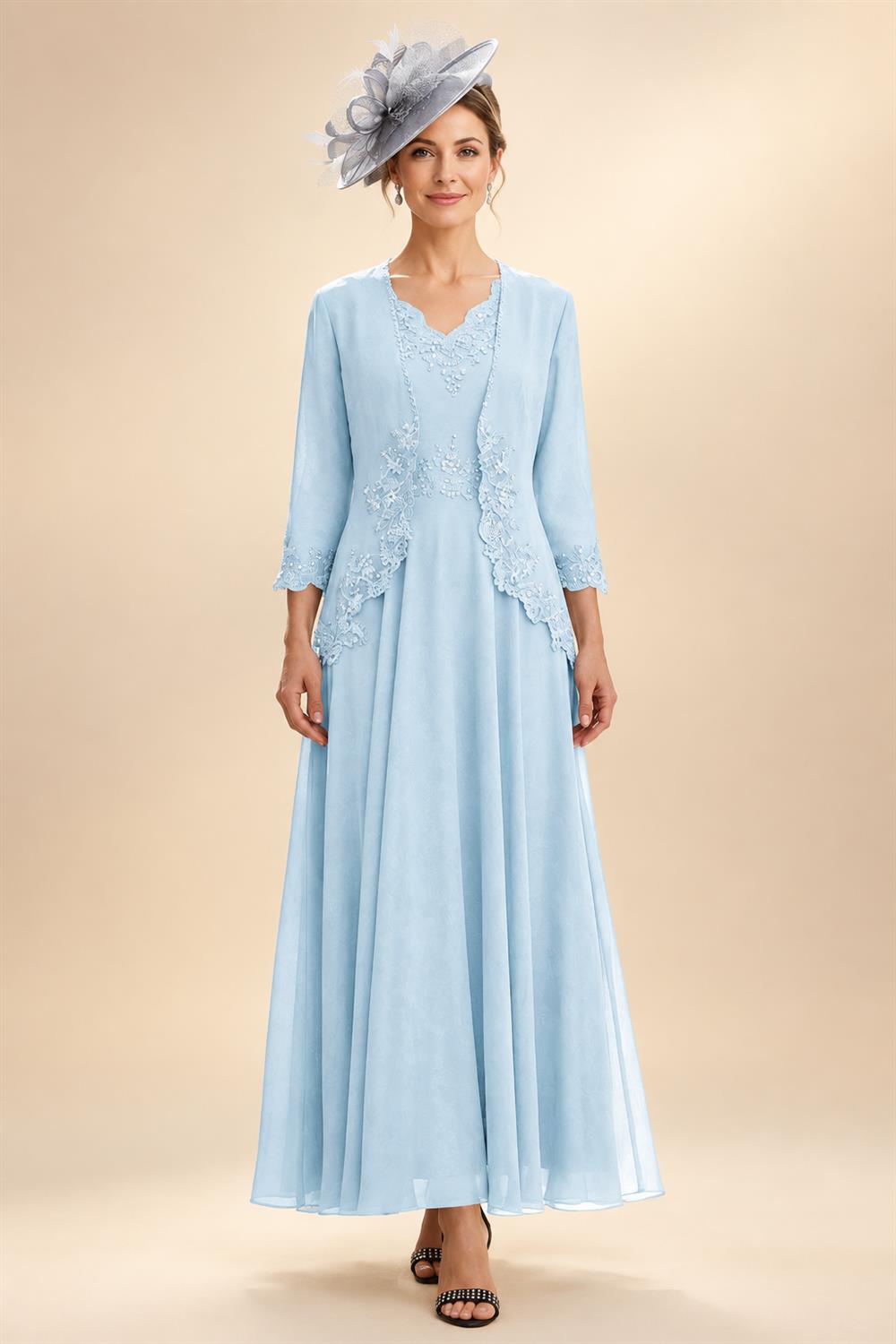 2-Piece A-Line Chiffon 3/4 Sleeves Mother of the Bride & Groom Dresses with Scalloped V-Neck Lace Bodice (SHI22500637)