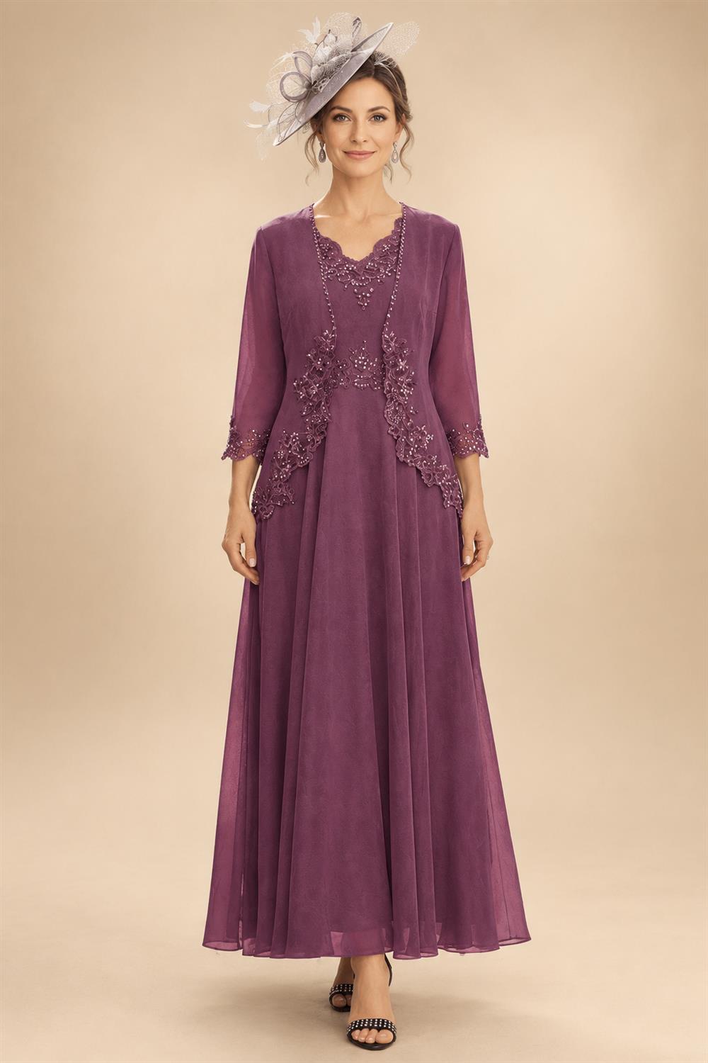 2-Piece A-Line Chiffon 3/4 Sleeves Mother of the Bride & Groom Dresses with Scalloped V-Neck Lace Bodice (SHI22500637)