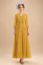 2-Piece A-Line Chiffon 3/4 Sleeves Mother of the Bride & Groom Dresses with Scalloped V-Neck Lace Bodice (SHI22500637)