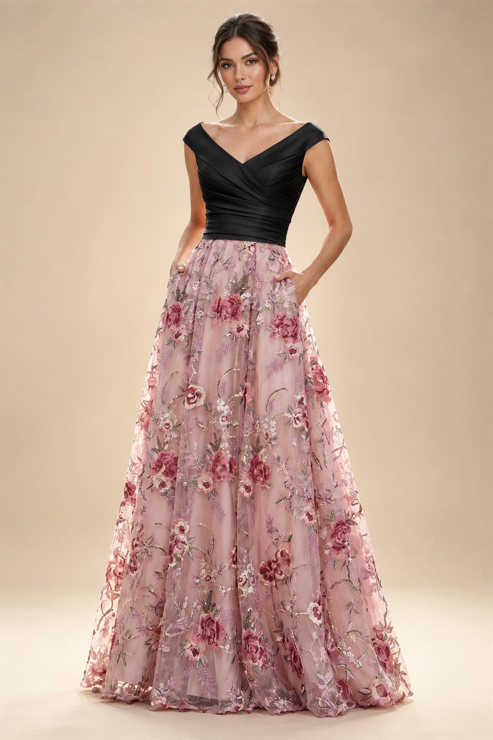 A-Line Floral Sequin Lace Floor-Length Mother of the Bride & Groom Dresses with Ruched Satin Bodice (SHI22500639)