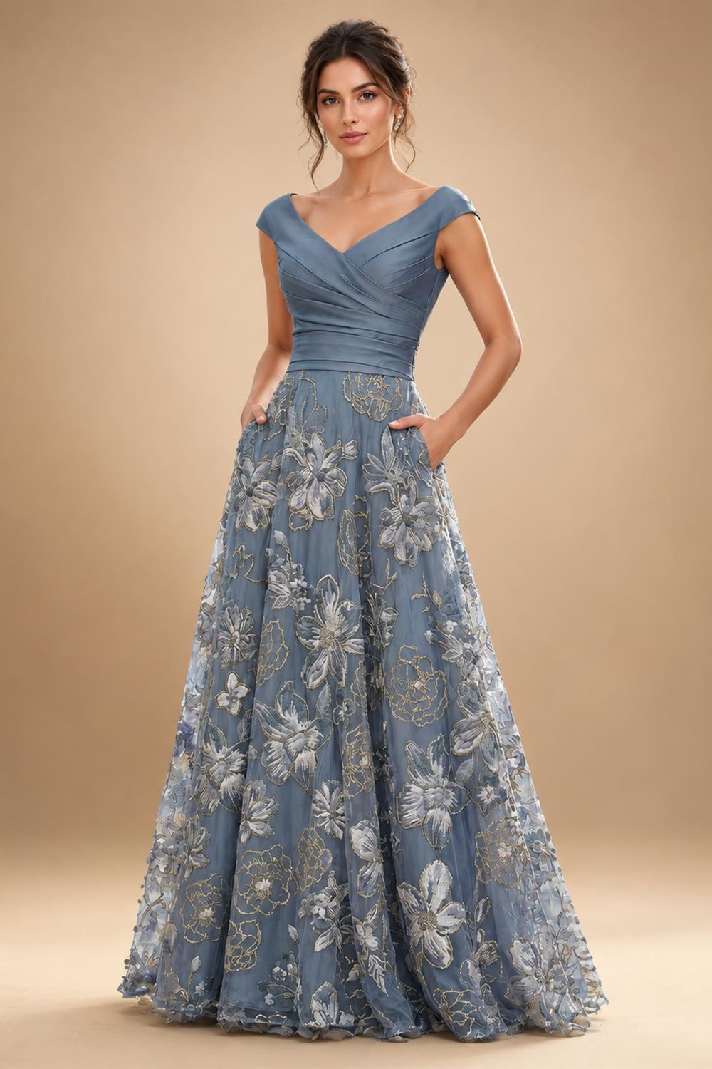 A-Line Floral Sequin Lace Floor-Length Mother of the Bride & Groom Dresses with Ruched Satin Bodice (SHI22500639)