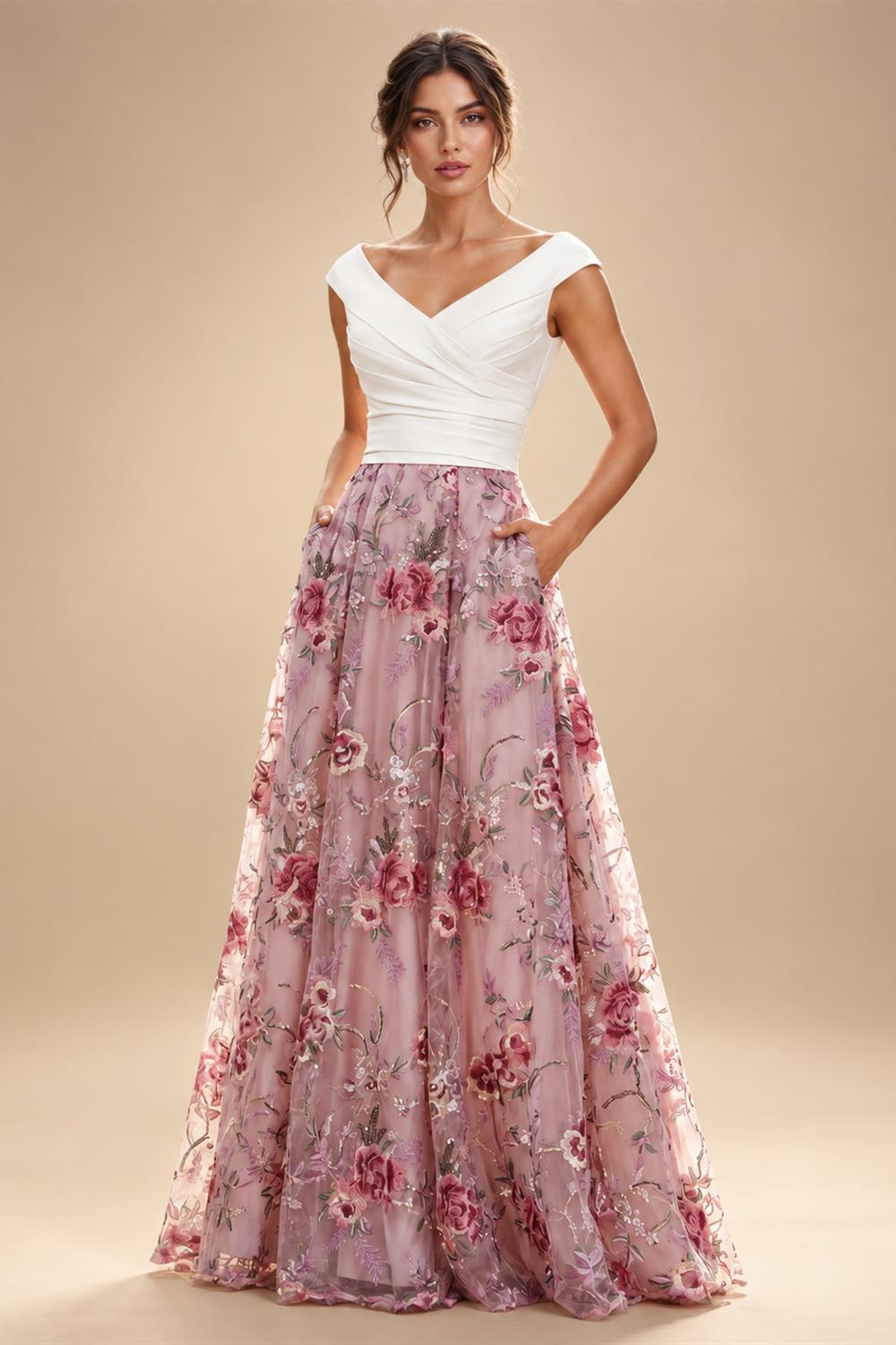 A-Line Floral Sequin Lace Floor-Length Mother of the Bride & Groom Dresses with Ruched Satin Bodice (SHI22500639)