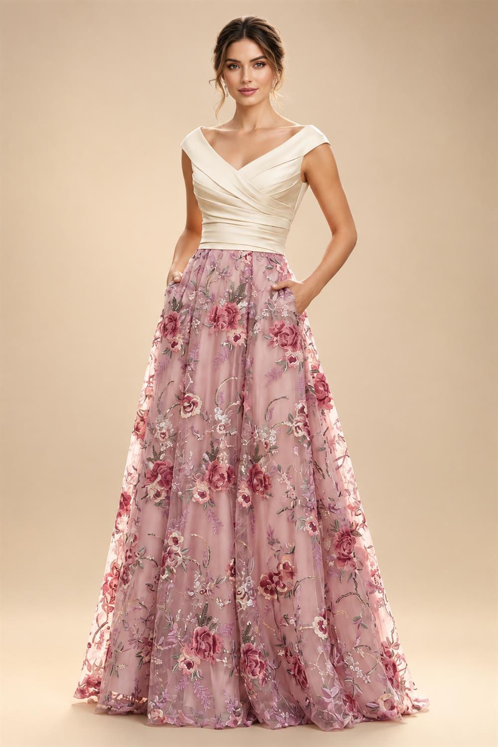 A-Line Floral Sequin Lace Floor-Length Mother of the Bride & Groom Dresses with Ruched Satin Bodice (SHI22500639)