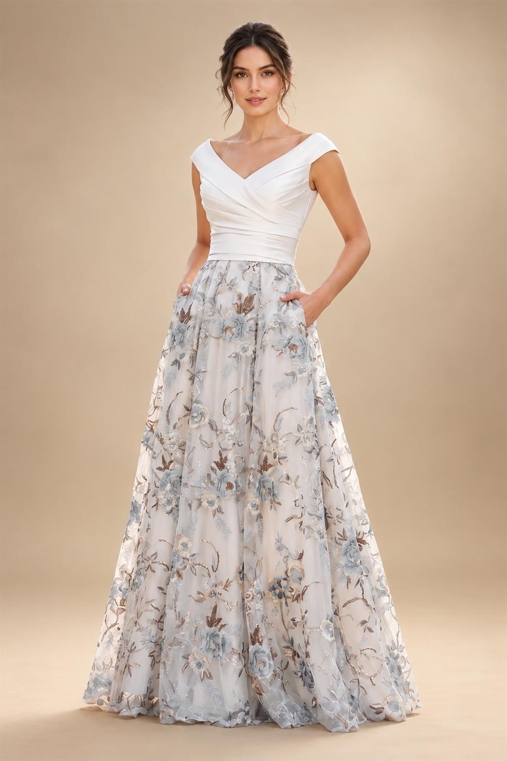A-Line Floral Sequin Lace Floor-Length Mother of the Bride & Groom Dresses with Ruched Satin Bodice (SHI22500639)