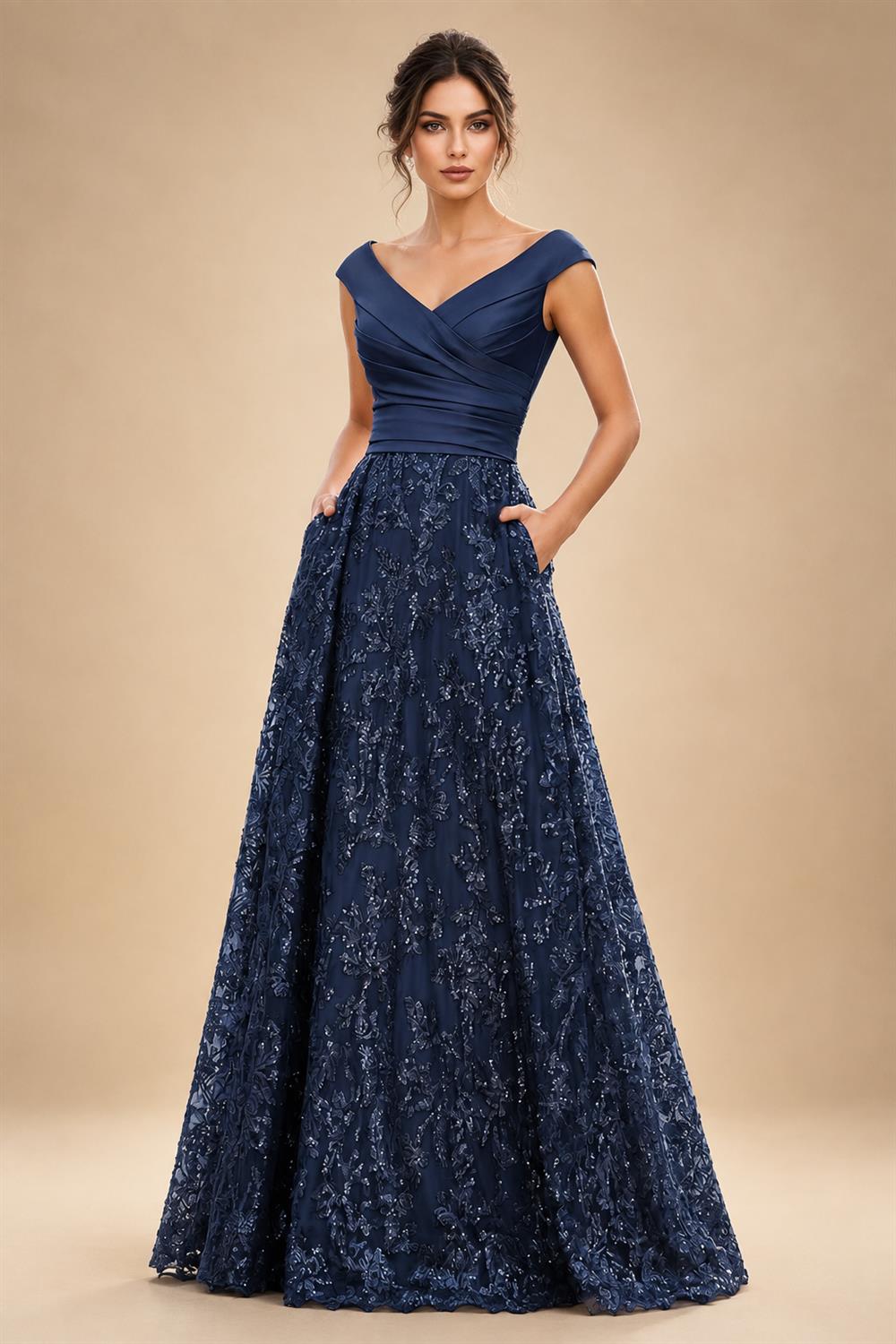 A-Line Floral Sequin Lace Floor-Length Mother of the Bride & Groom Dresses with Ruched Satin Bodice (SHI22500639)