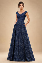 A-Line Floral Sequin Lace Floor-Length Mother of the Bride & Groom Dresses with Ruched Satin Bodice (SHI22500639)
