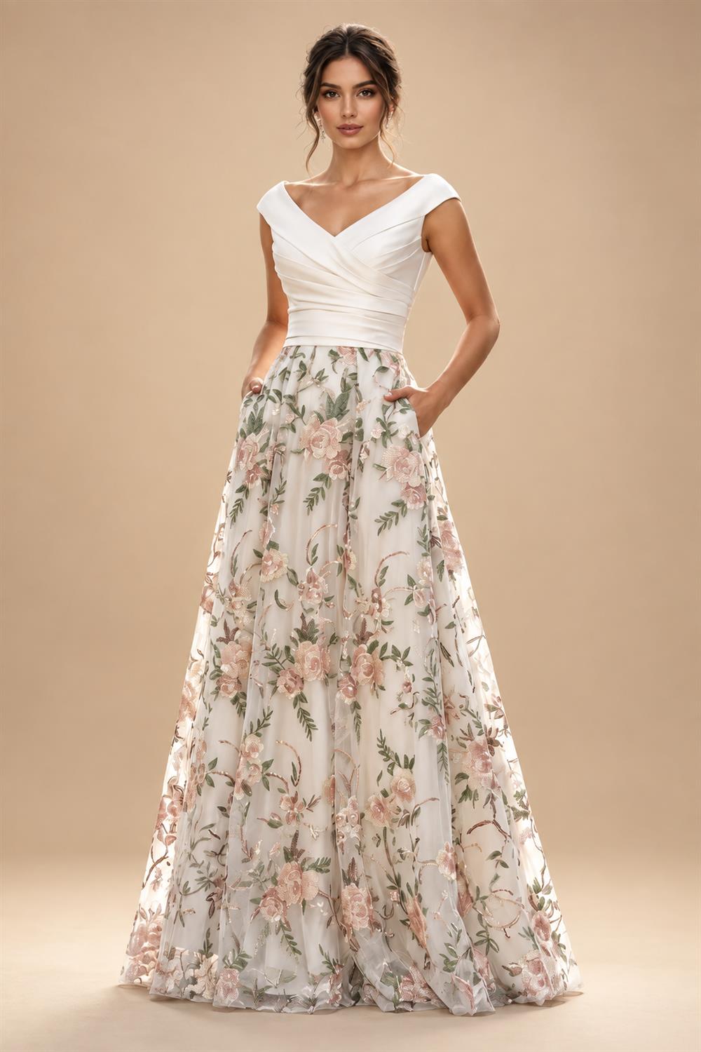 A-Line Floral Sequin Lace Floor-Length Mother of the Bride & Groom Dresses with Ruched Satin Bodice (SHI22500639)