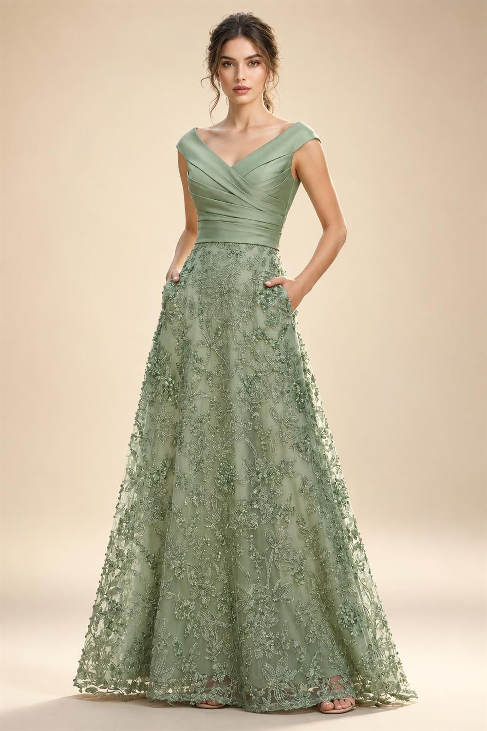 A-Line Floral Sequin Lace Floor-Length Mother of the Bride & Groom Dresses with Ruched Satin Bodice (SHI22500639)