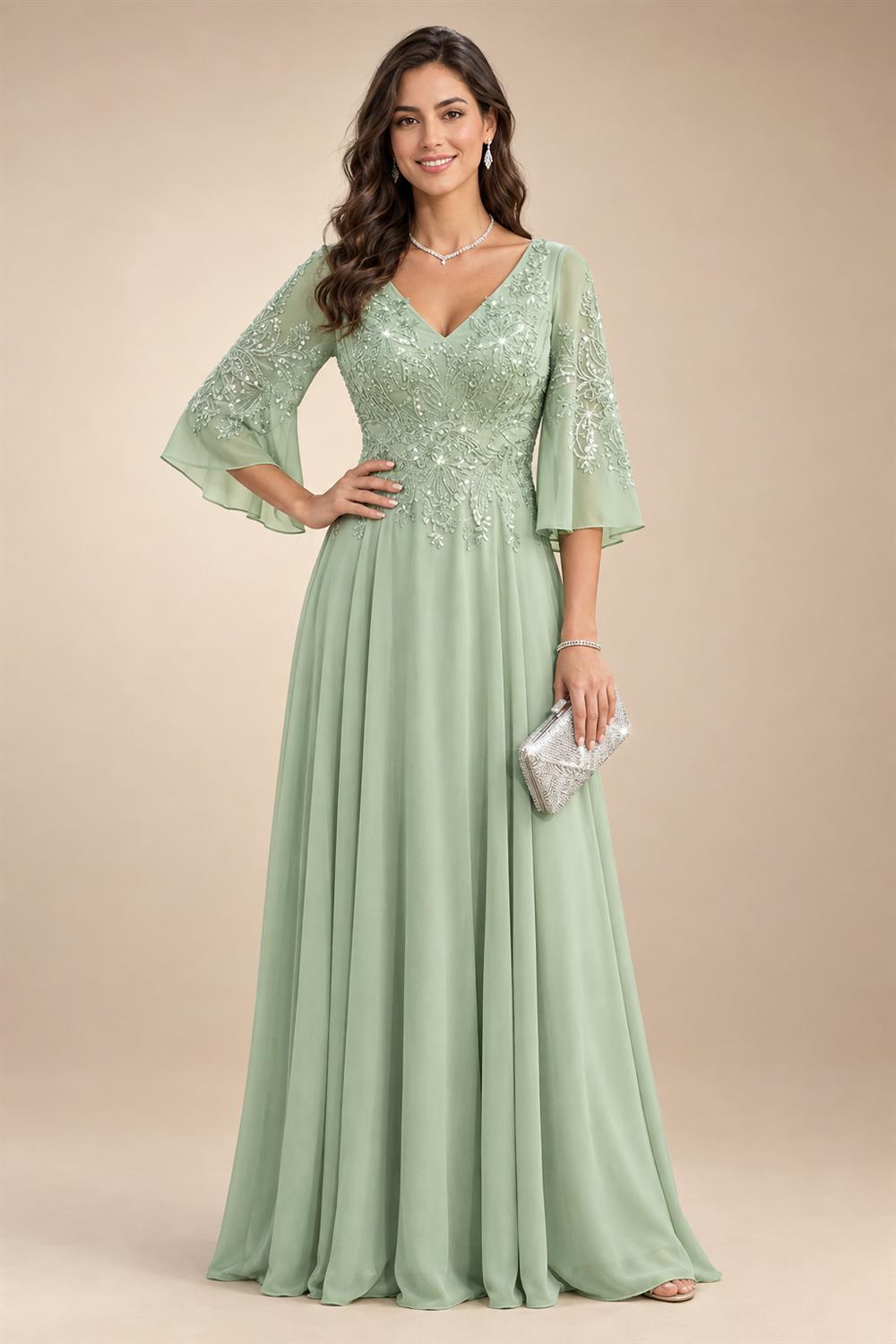 A-Line/Princess Scoop Neck Chiffon Maxi Mother of the Bride & Groom Dresses with Lace Appliques, Sweep Train & Pleats (SHI22501636)