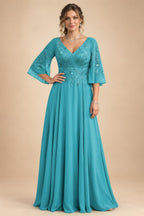 A-Line Chiffon 3/4 Flutter Sleeves Mother of the Bride & Groom Dresses with Beaded Lace Embroidered Bodice (SHI22500645)