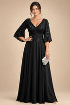 A-Line Chiffon 3/4 Flutter Sleeves Mother of the Bride & Groom Dresses with Beaded Lace Embroidered Bodice (SHI22500645)