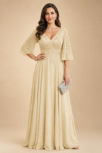 A-Line Chiffon 3/4 Flutter Sleeves Mother of the Bride & Groom Dresses with Beaded Lace Embroidered Bodice (SHI22500645)