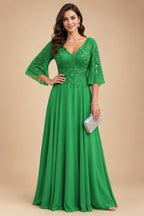 A-Line Chiffon 3/4 Flutter Sleeves Mother of the Bride & Groom Dresses with Beaded Lace Embroidered Bodice (SHI22500645)