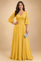 A-Line Chiffon 3/4 Flutter Sleeves Mother of the Bride & Groom Dresses with Beaded Lace Embroidered Bodice (SHI22500645)