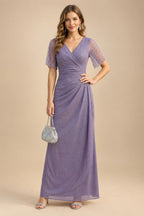 A-Line Chiffon V-Neck Short Sleeve Mother of the Bride Dresses Floor-Length with Sequin Appliques (SHI22500297)