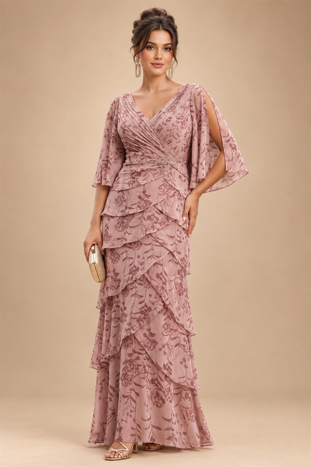 A-Line/Princess V-Neck Floral Print High-Low Mother of the Bride & Groom Dresses with Ruched Bodice (SHI22501569)