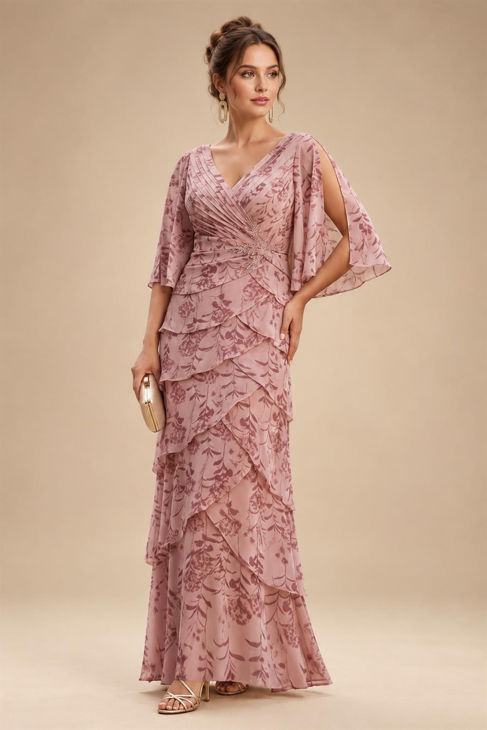 A-Line/Princess V-Neck Chiffon Maxi Mother of the Bride & Groom Dresses with Lace Appliques, Sweep Train & Bow (SHI22501641)