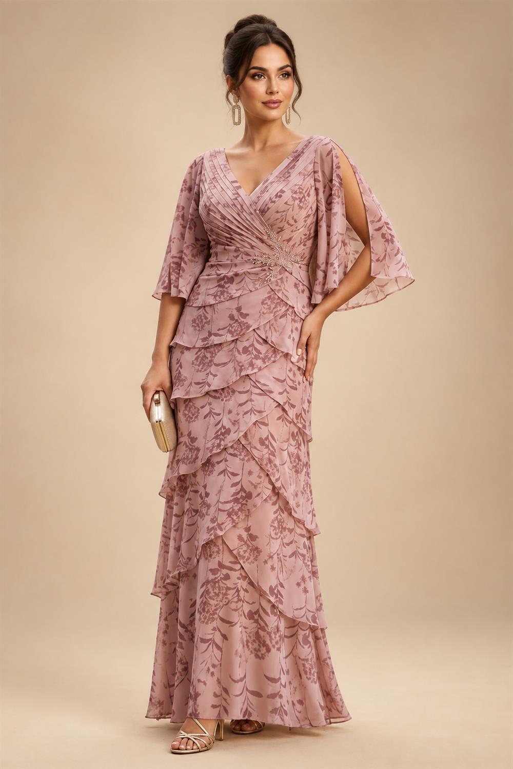 A-Line/Princess V-Neck Satin Floor-Length Mother of the Bride & Groom Dresses with?Jacquard Bolero?Jacket & Pleats (SHI22501695)