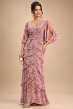 A-Line Chiffon Floral Print 3/4 Cape Sleeves Tiered Mother of the Bride & Groom Dresses with Beaded Waist Embellishment (SHI22500669)