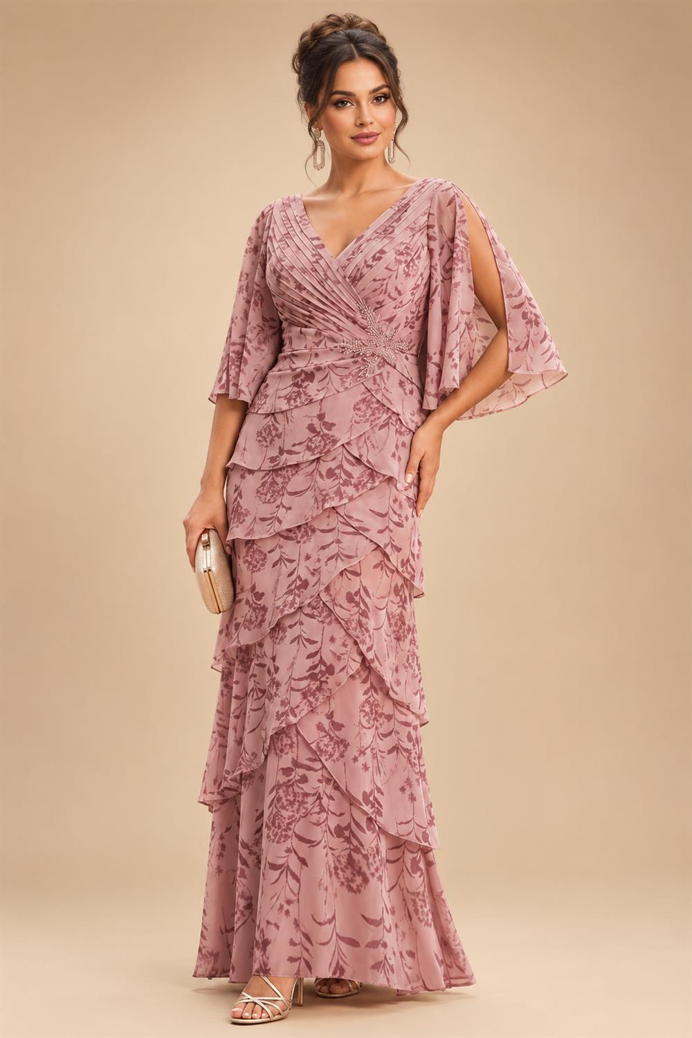 A-Line/Princess V-Neck Chiffon Floor-Length Mother of the Bride & Groom Dresses with Lace Appliques & Ruched Waist (SHI22501678)