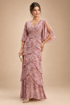 A-Line Chiffon Floral Print 3/4 Cape Sleeves Tiered Mother of the Bride & Groom Dresses with Beaded Waist Embellishment (SHI22500669)