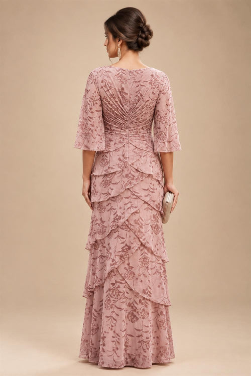 A-Line Chiffon Floral Print 3/4 Cape Sleeves Tiered Mother of the Bride & Groom Dresses with Beaded Waist Embellishment (SHI22500669)