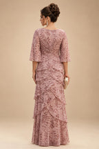 A-Line Chiffon Floral Print 3/4 Cape Sleeves Tiered Mother of the Bride & Groom Dresses with Beaded Waist Embellishment (SHI22500669)
