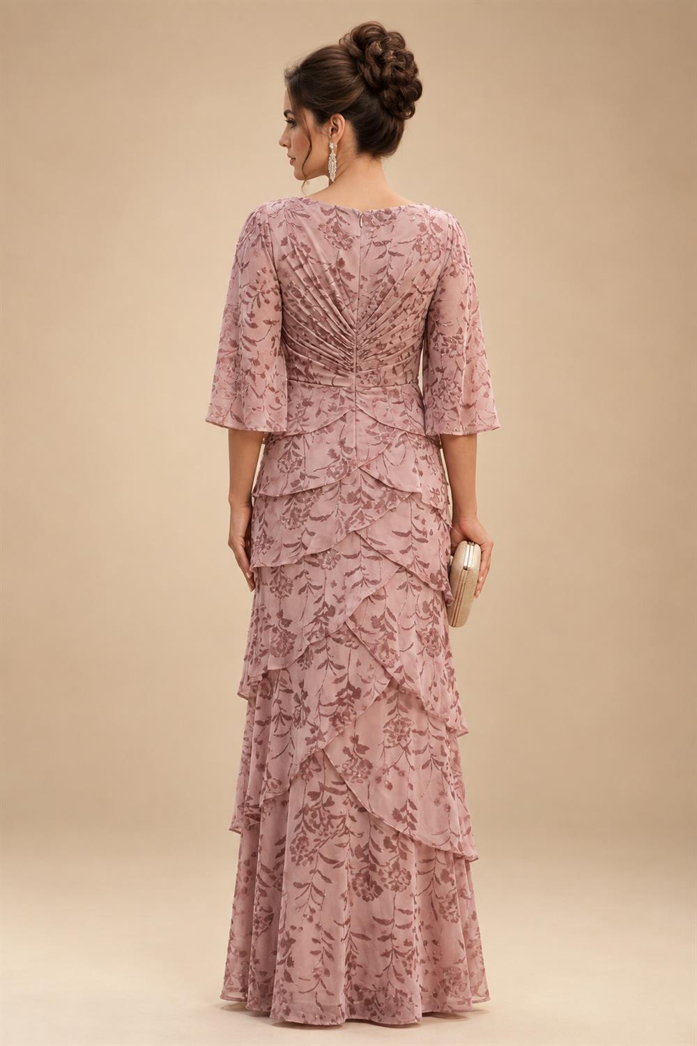A-Line Chiffon Floral Print 3/4 Cape Sleeves Tiered Mother of the Bride & Groom Dresses with Beaded Waist Embellishment (SHI22500669)