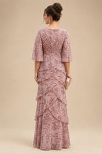 A-Line/Princess V-Neck Chiffon Maxi Mother of the Bride & Groom Dresses with Lace Appliques, Sweep Train, Ruffles, 3D Flowers & Ruched Waist (SHI22501653)
