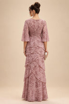 A-Line/Princess V-Neck Chiffon Maxi Mother of the Bride & Groom Dresses with Lace Appliques, Sweep Train & Bow (SHI22501641)