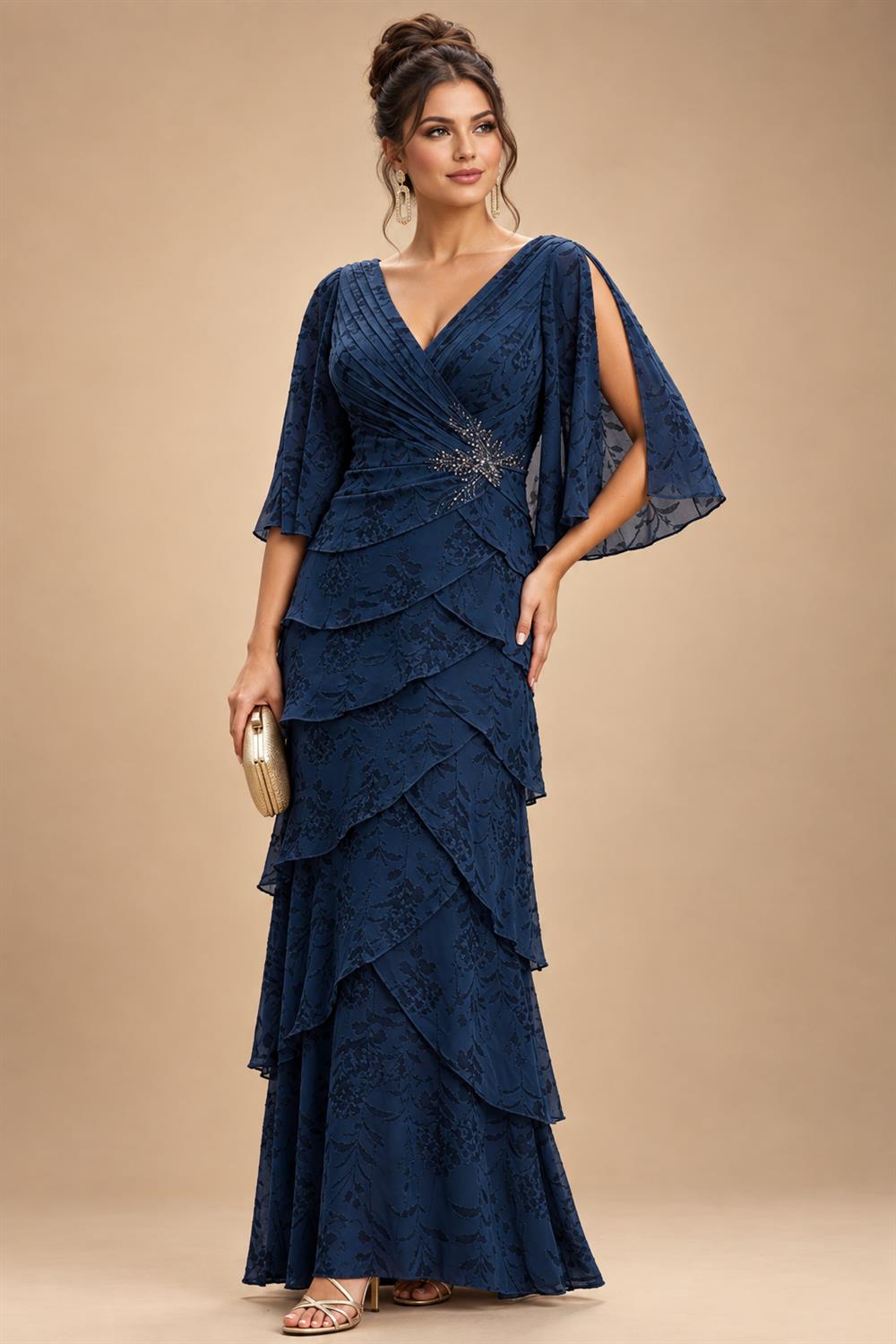 A-Line Chiffon Floral Print 3/4 Cape Sleeves Tiered Mother of the Bride & Groom Dresses with Beaded Waist Embellishment (SHI22500669)
