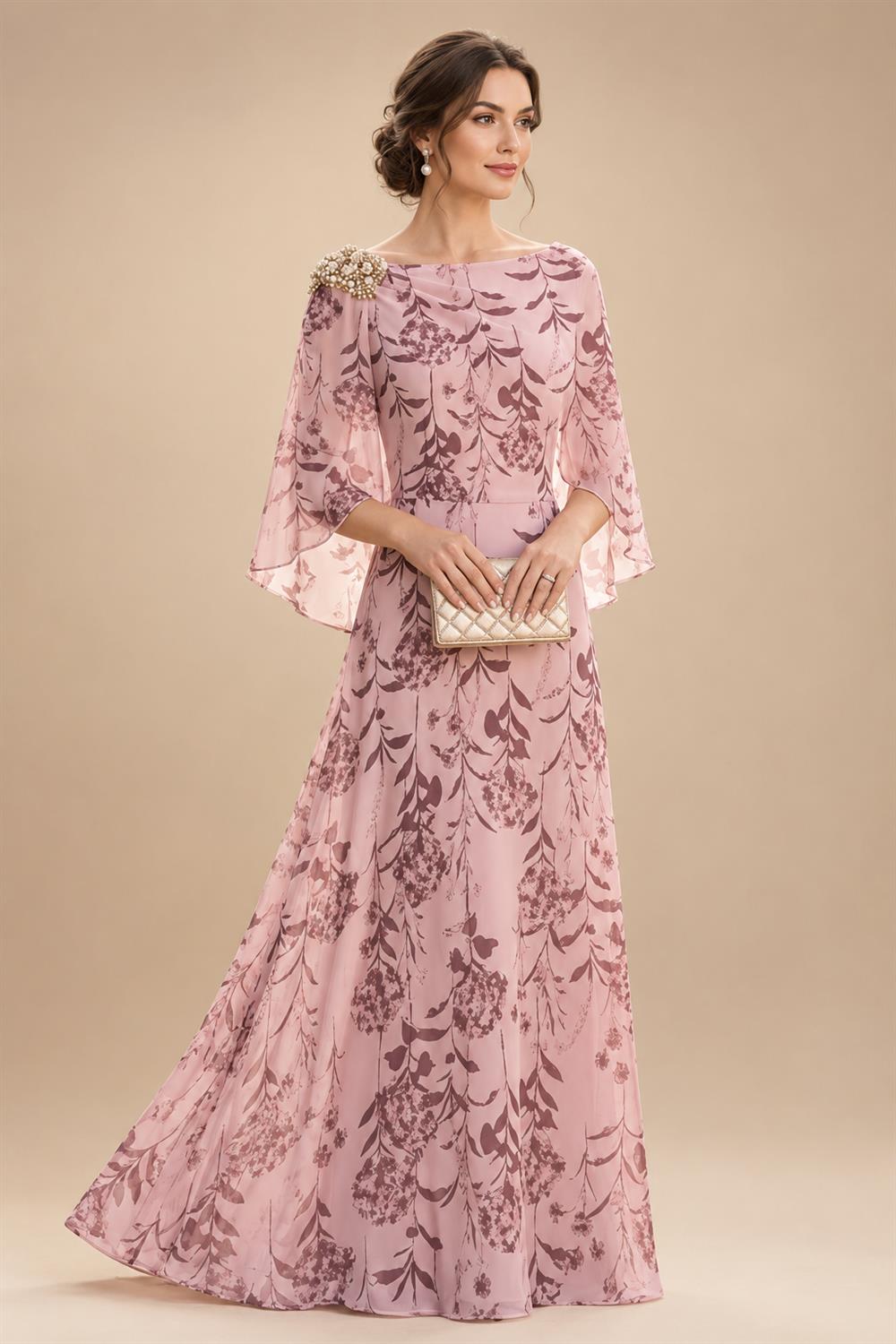 A-Line Chiffon Floral Print 3/4 Cape Sleeves Tiered Mother of the Bride & Groom Dresses with Beaded Waist Embellishment (SHI22500669)