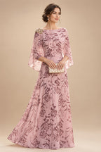 A-Line Chiffon Floral Print 3/4 Cape Sleeves Tiered Mother of the Bride & Groom Dresses with Beaded Waist Embellishment (SHI22500669)