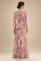 A-Line Chiffon Floral Print 3/4 Cape Sleeves Tiered Mother of the Bride & Groom Dresses with Beaded Waist Embellishment (SHI22500669)