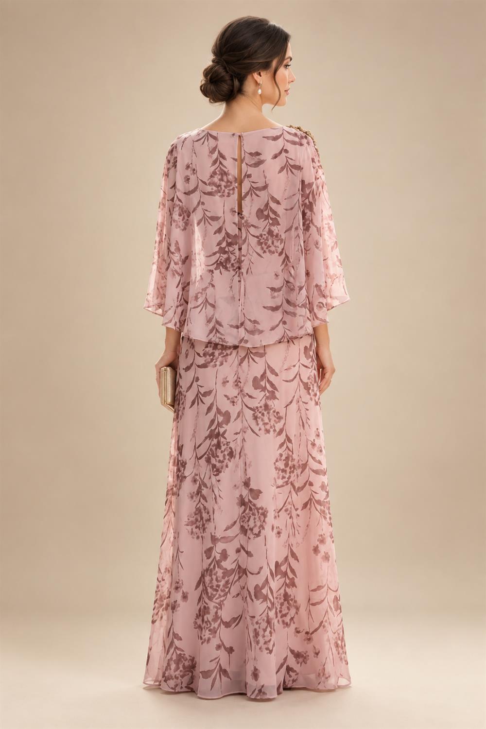 A-Line Chiffon Floral Print 3/4 Cape Sleeves Tiered Mother of the Bride & Groom Dresses with Beaded Waist Embellishment (SHI22500669)