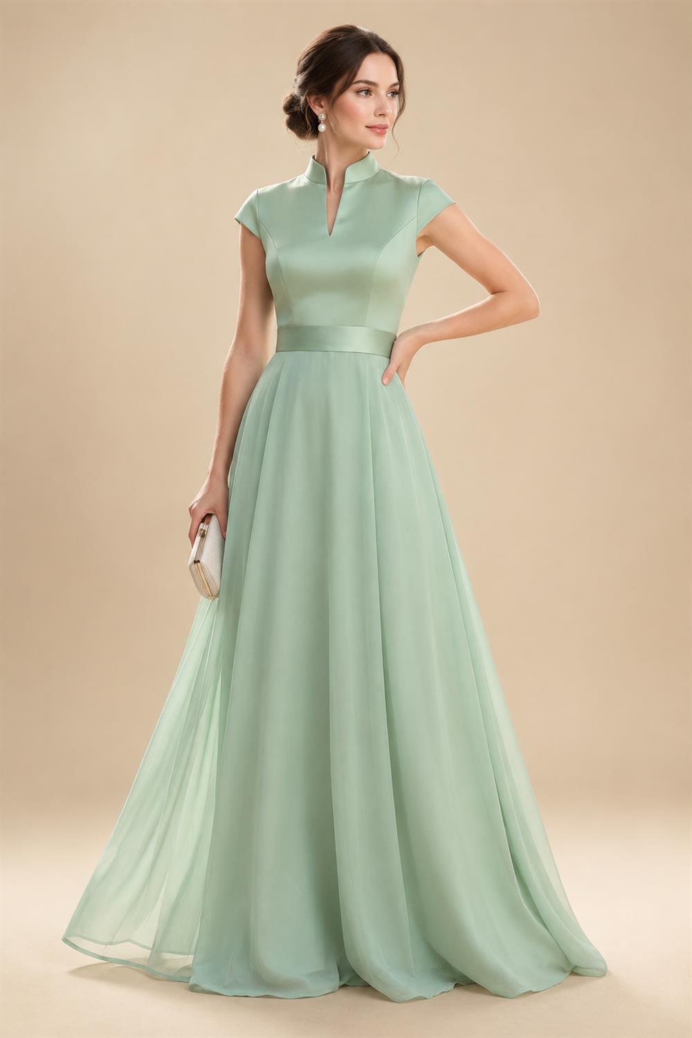 A-Line/Princess V-Neck Chiffon Maxi Mother of the Bride & Groom Dresses with Side Sash, Sweep Train & Ruched Bodice (SHI22501629)