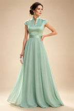 A-Line/Princess V-Neck Chiffon Maxi Mother of the Bride & Groom Dresses with Lace Appliques & Sweep Train (SHI22501644)