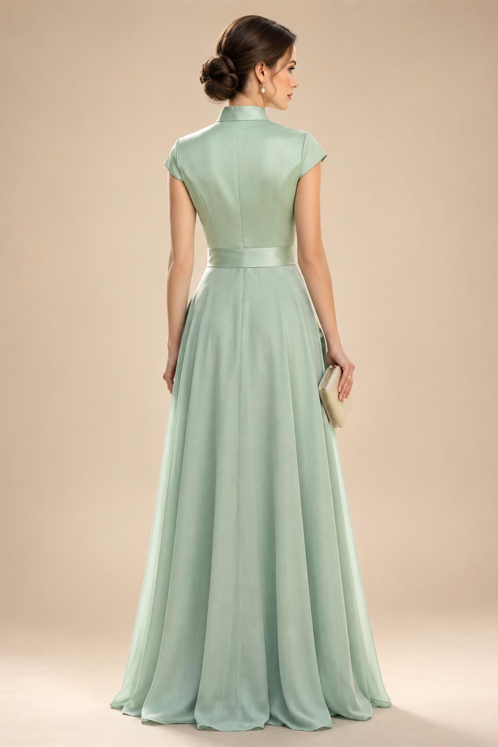A-Line/Princess V-Neck Chiffon Maxi Mother of the Bride & Groom Dresses with Side Sash, Sweep Train & Ruched Bodice (SHI22501629)