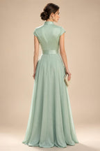 A-Line/Princess V-Neck Chiffon Maxi Mother of the Bride & Groom Dresses with Side Sash, Sweep Train & Ruched Bodice (SHI22501629)
