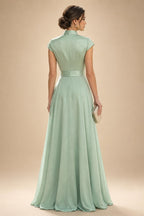 A-Line/Princess One Shoulder Chiffon Floor-Length Mother of the Bride & Groom Dresses with Lace Appliques, Sweep Train & Side Sash (SHI22501663)