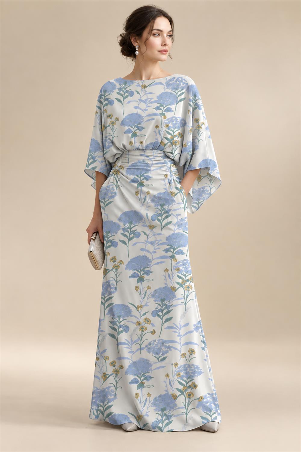 Sheath Chiffon Floral Print Cape Sleeves Mother of the Bride & Groom Dresses for Formal Wedding (SHI22500682)